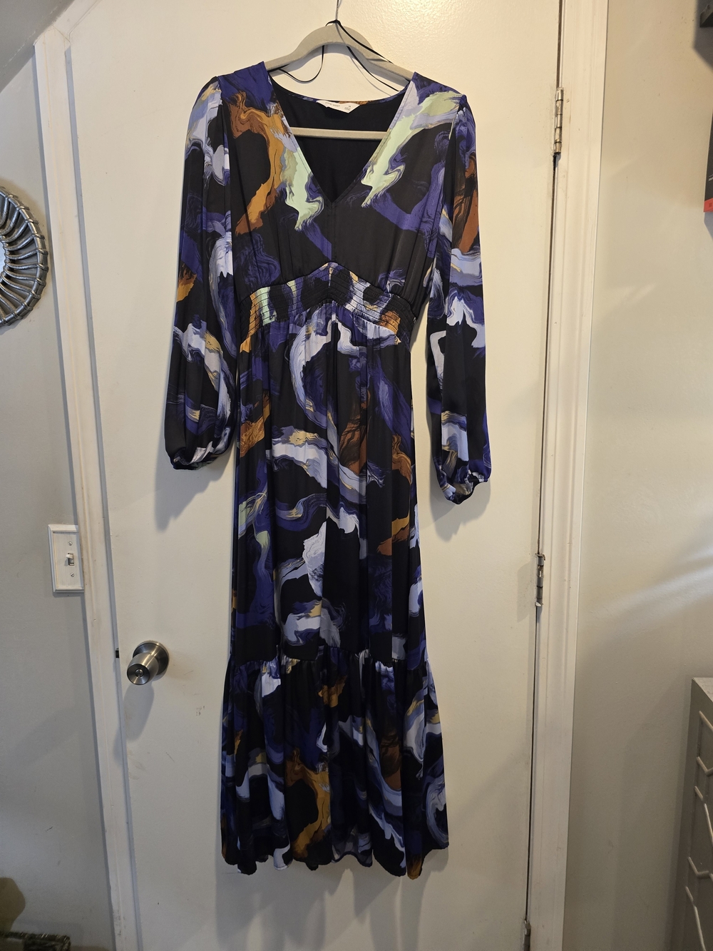 Nine West Abstract V-Neck Maxi Dress in Black, Purple & Mustard